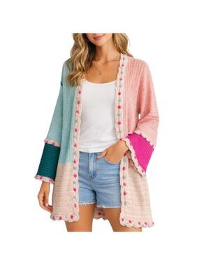 27" Ptp • Hand Crafted • Colourful Pink and Teal Cardigan Circular Motif On Back